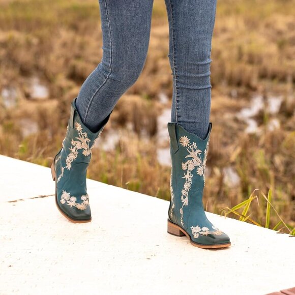 SheSole Womens Blue Floral Square Toe Cowboy Boots Cowgirl Boots Wide Calf - Picture 7 of 9
